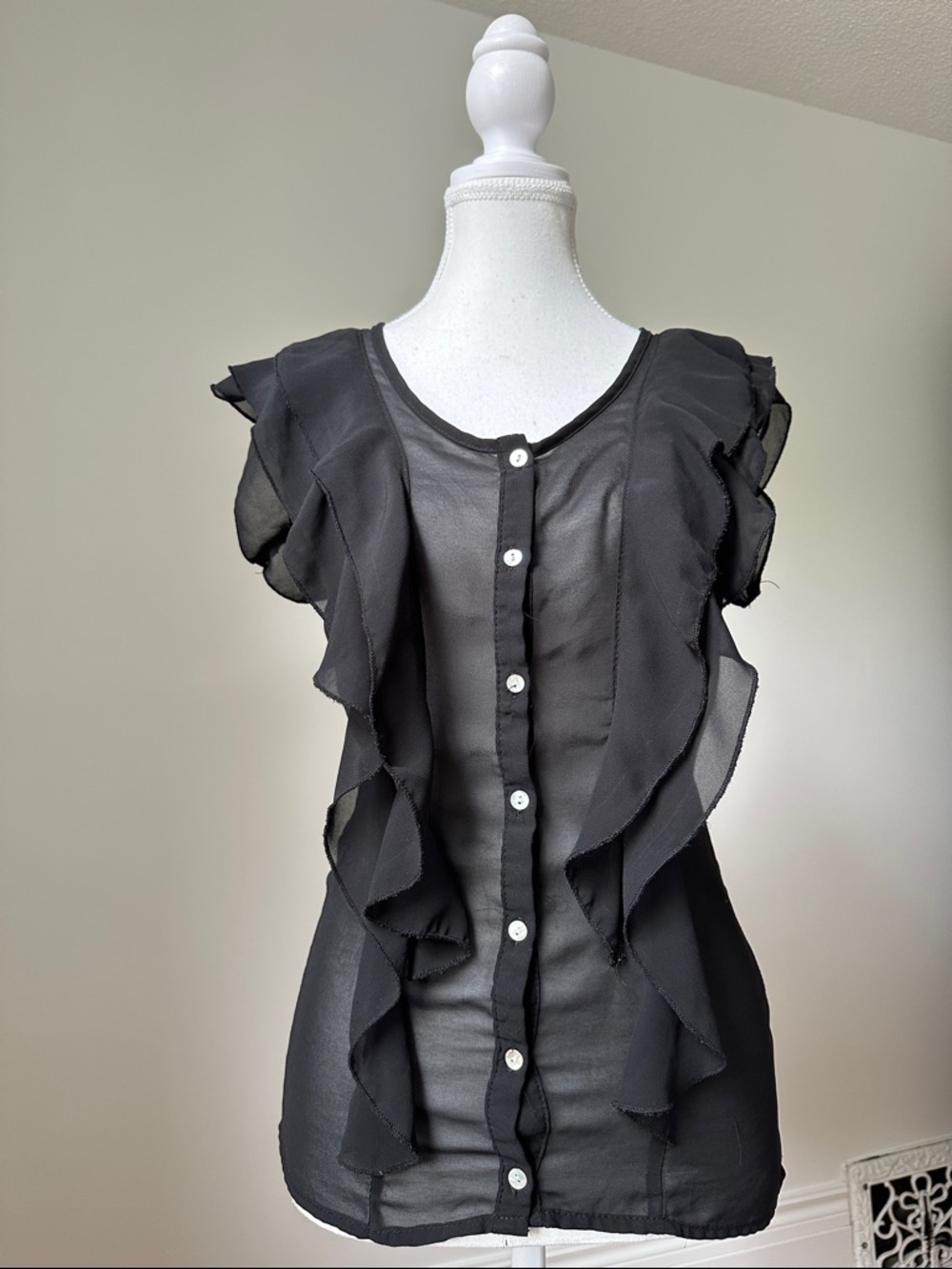 PAPER TEE Y2K Black Sheer Whimsygoth Preppy Ruffle Sleeveless Blouse Small